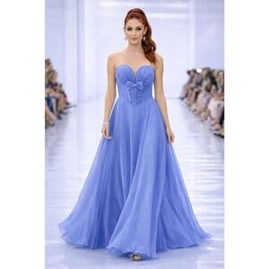 Ellie Wilde Periwinkle Strapless Chiffon Gown Corset Bodice Bow Runway Prom sz 4